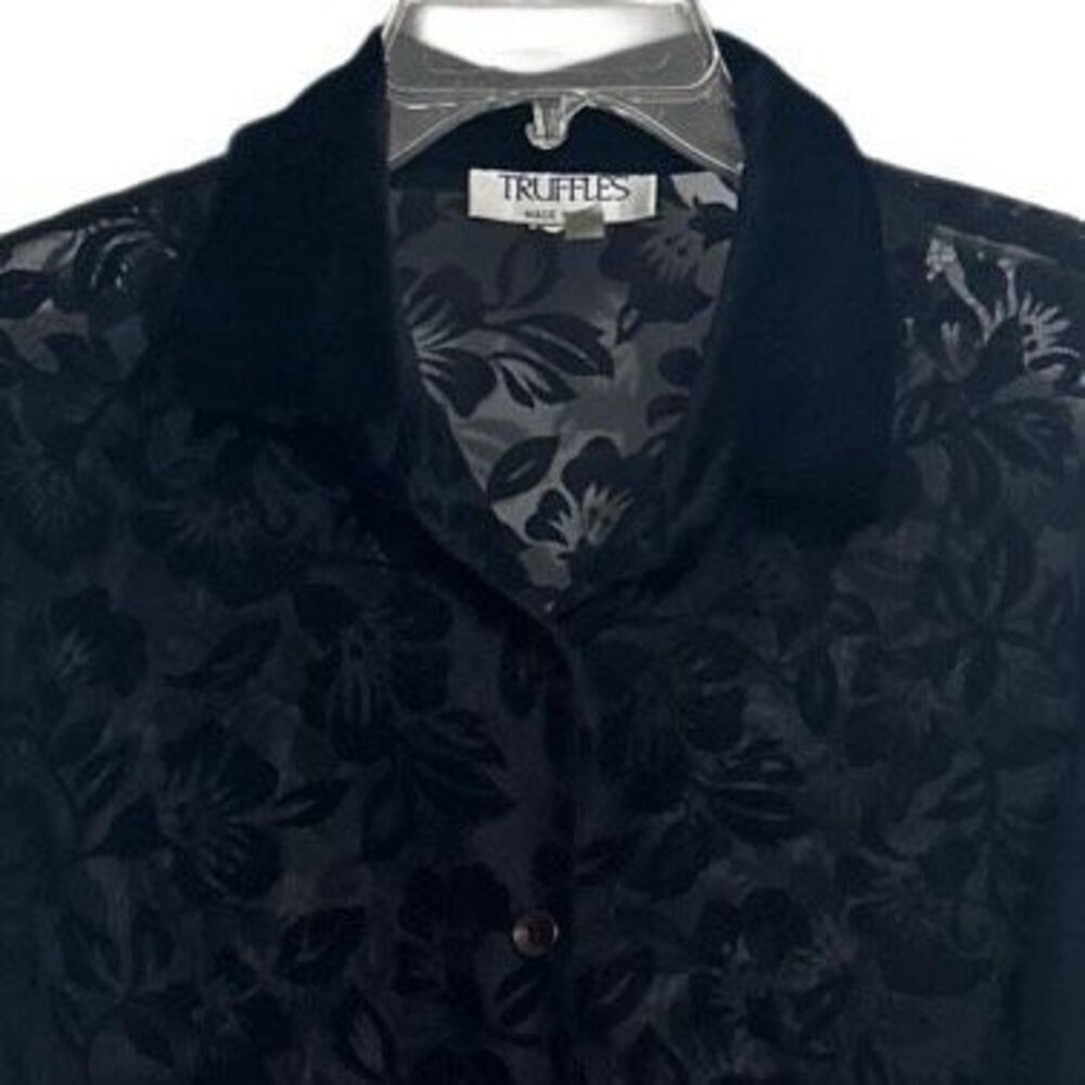 Vintage Truffles Blouse Womens Medium Black Jacquard Velvet Burnout Floral Sheer